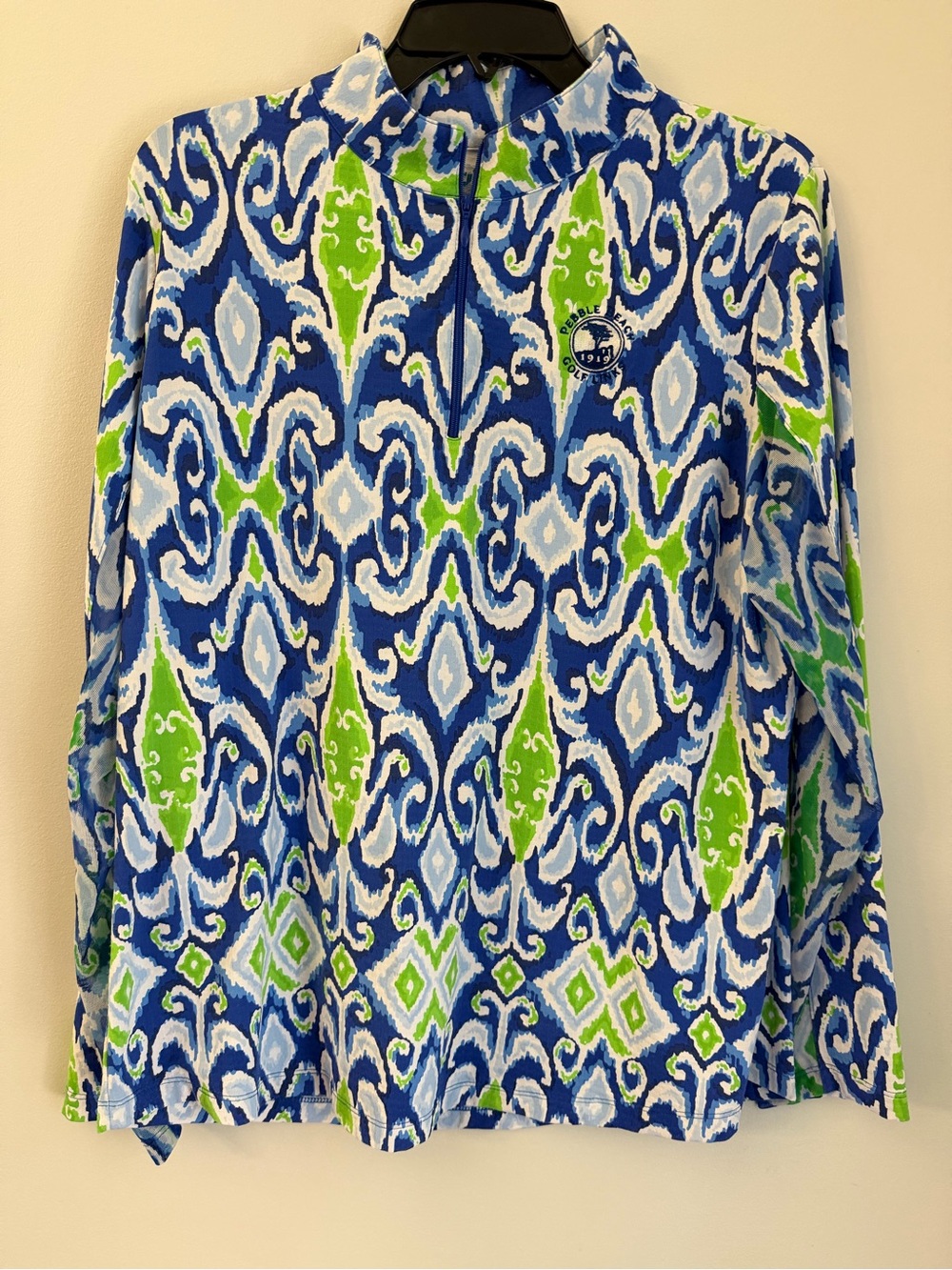 IBKUL Long Sleeve Top Women's XL Blue Ikat Print Pullover Mesh Golf/Tennis